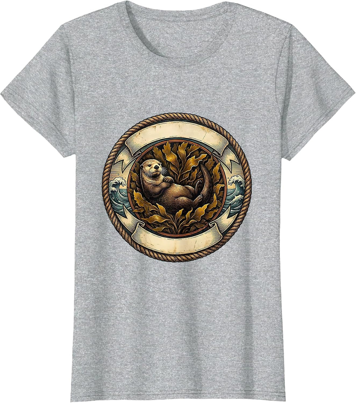 California Sea Otter Floating on Kelp Bed Design T-Shirt - Heather Grey