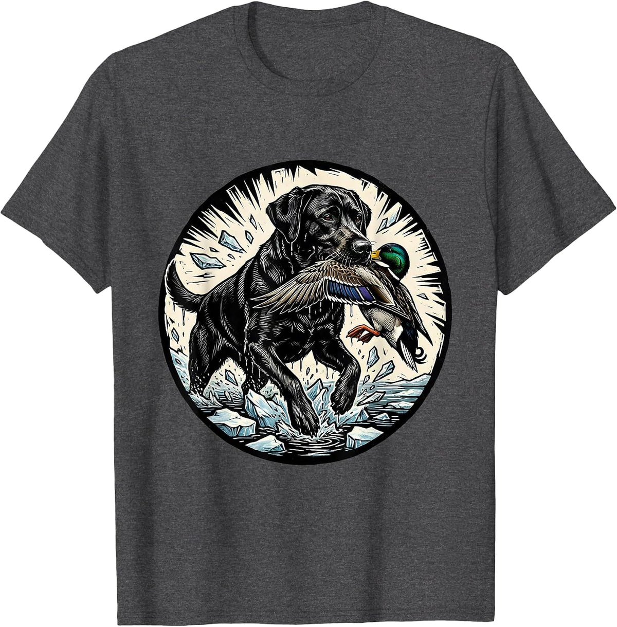 Duck Camo Retriever Dog Icy Water Hunting Art T-Shirt - Dark Heather Grey