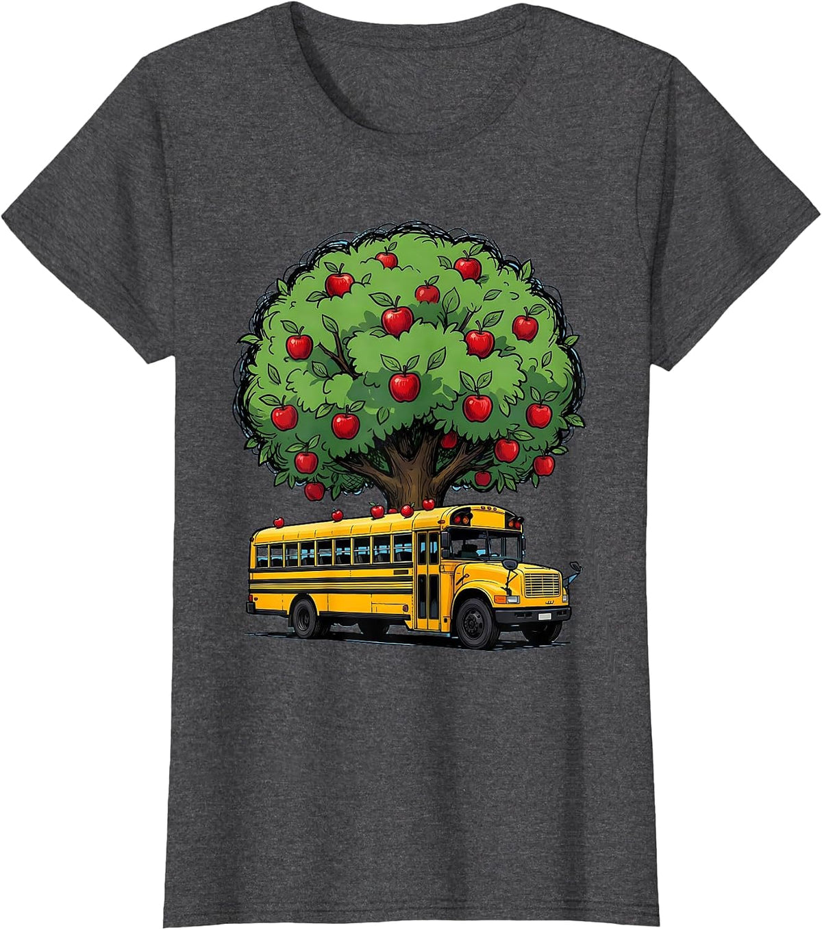 Women's Elementary Teacher Apple Tree School Bus Graphic T-Shirt - Dark Heather Grey