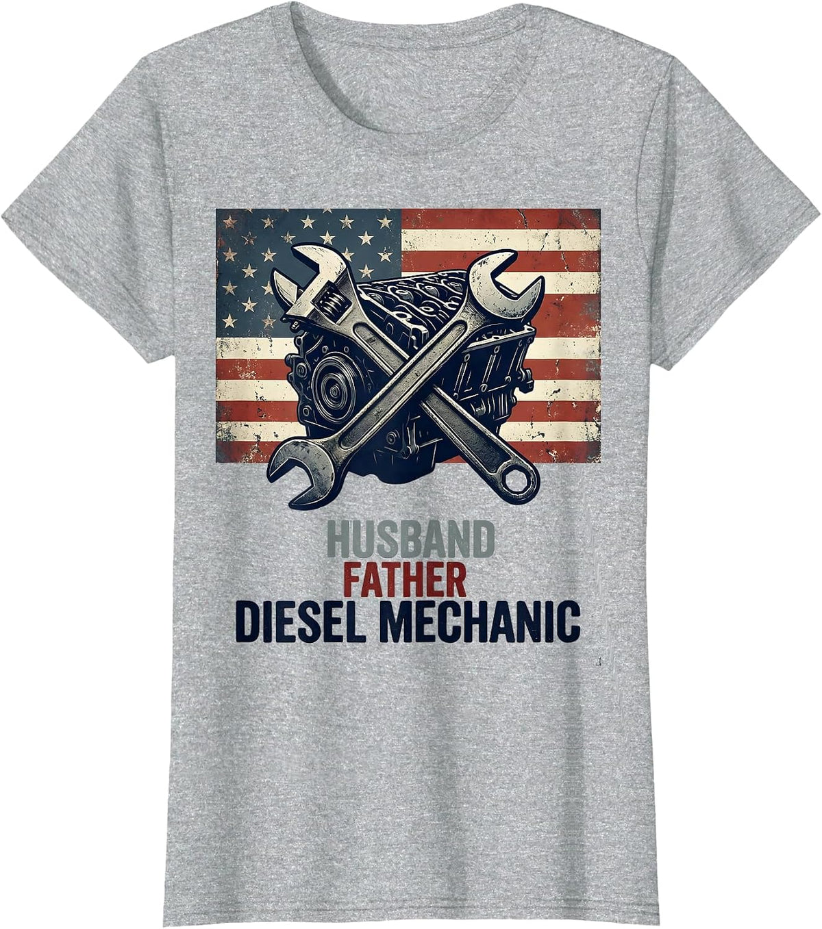 Husband Father Diesel Mechanic Patriotic American Flag T-Shirt - Heather Grey