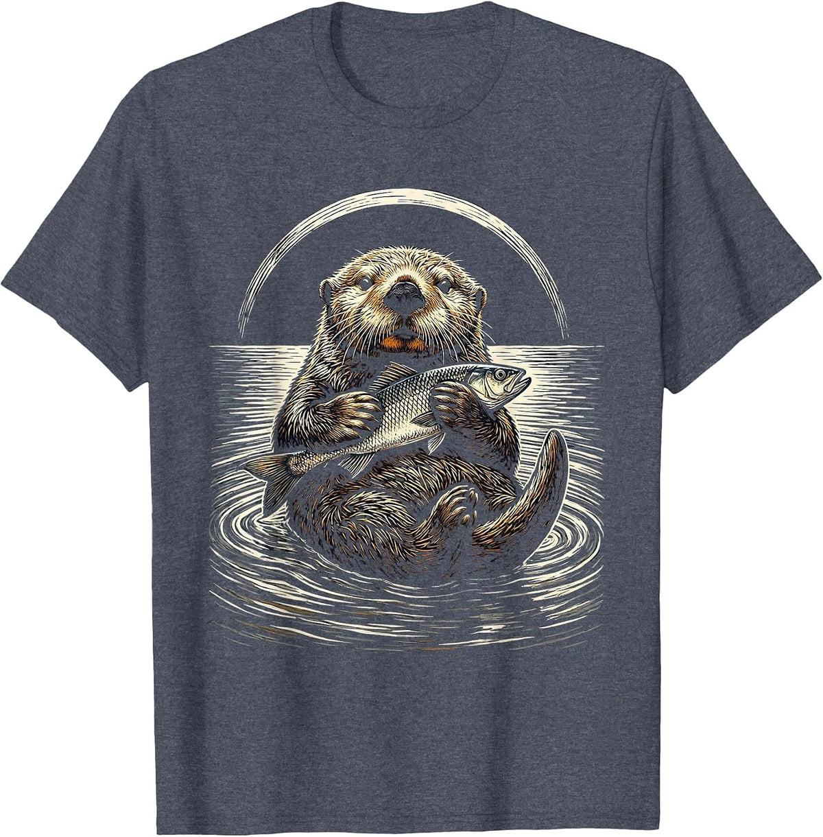 Otter Floating On Back Holding Fish Illustration T-Shirt - Heather Blue