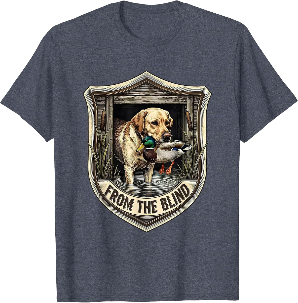 From The Blind Crosshatch Etching Hunting Dog Waterfowl T-Shirt - Heather Blue