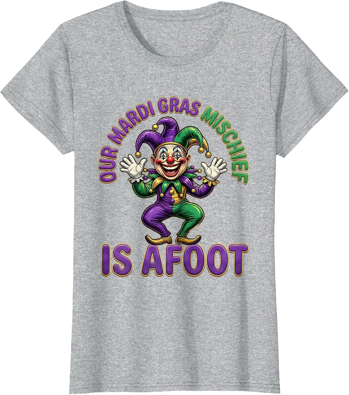 Women's Our Mardi Gras Mischief Is Afoot Retro Cartoon Jester T-Shirt - Heather Grey