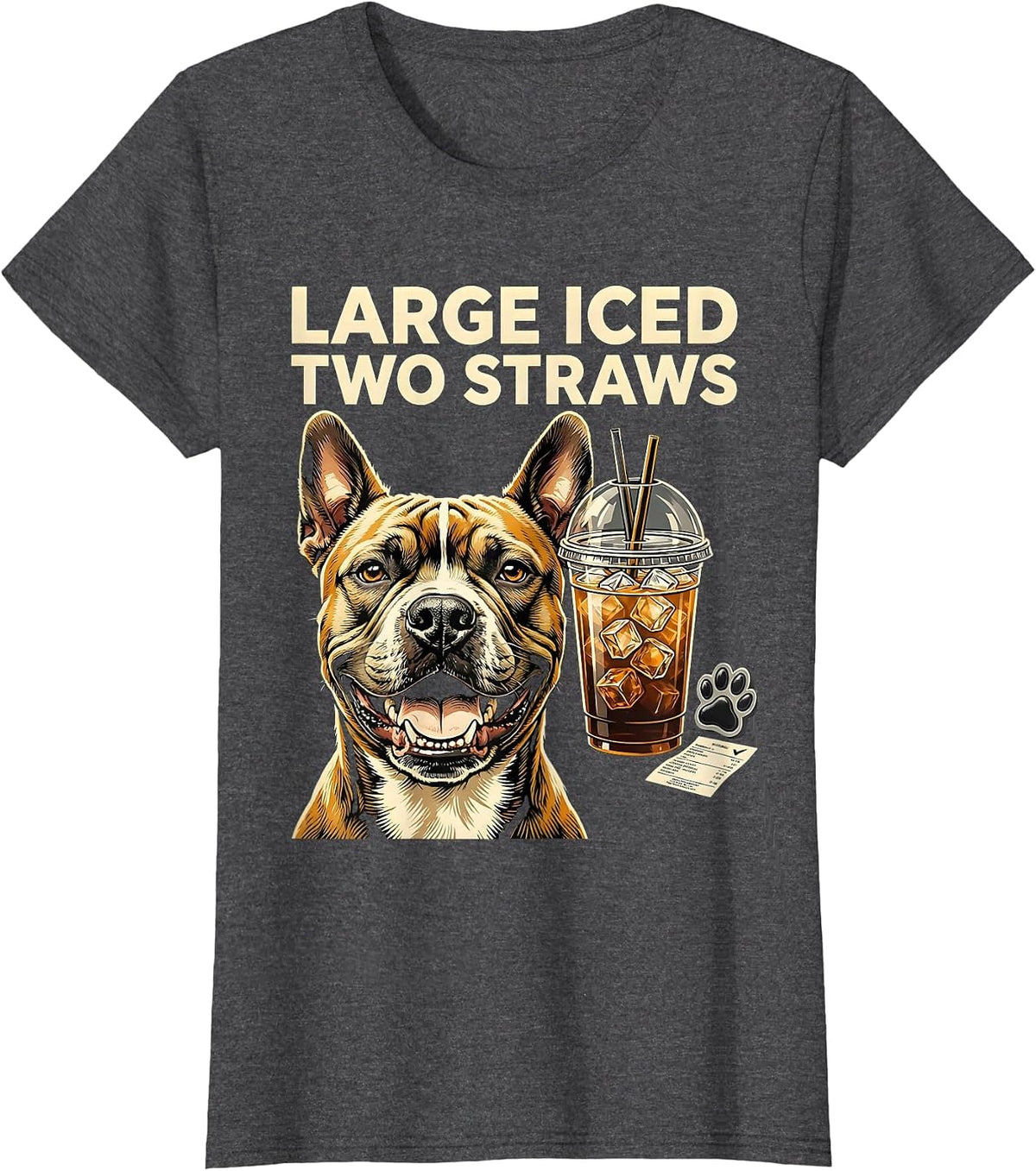 Women's Large Iced Two Straws Funny Pitbull Drinking Iced Coffee T-Shirt - Dark Heather Grey
