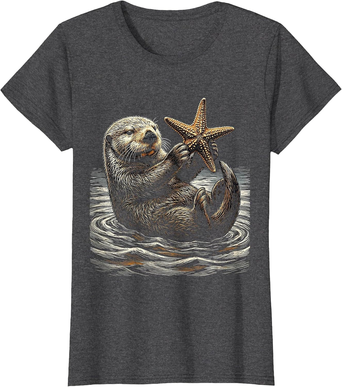 Women's Sea Otter Holding Starfish Above Water T-Shirt - Dark Heather Grey