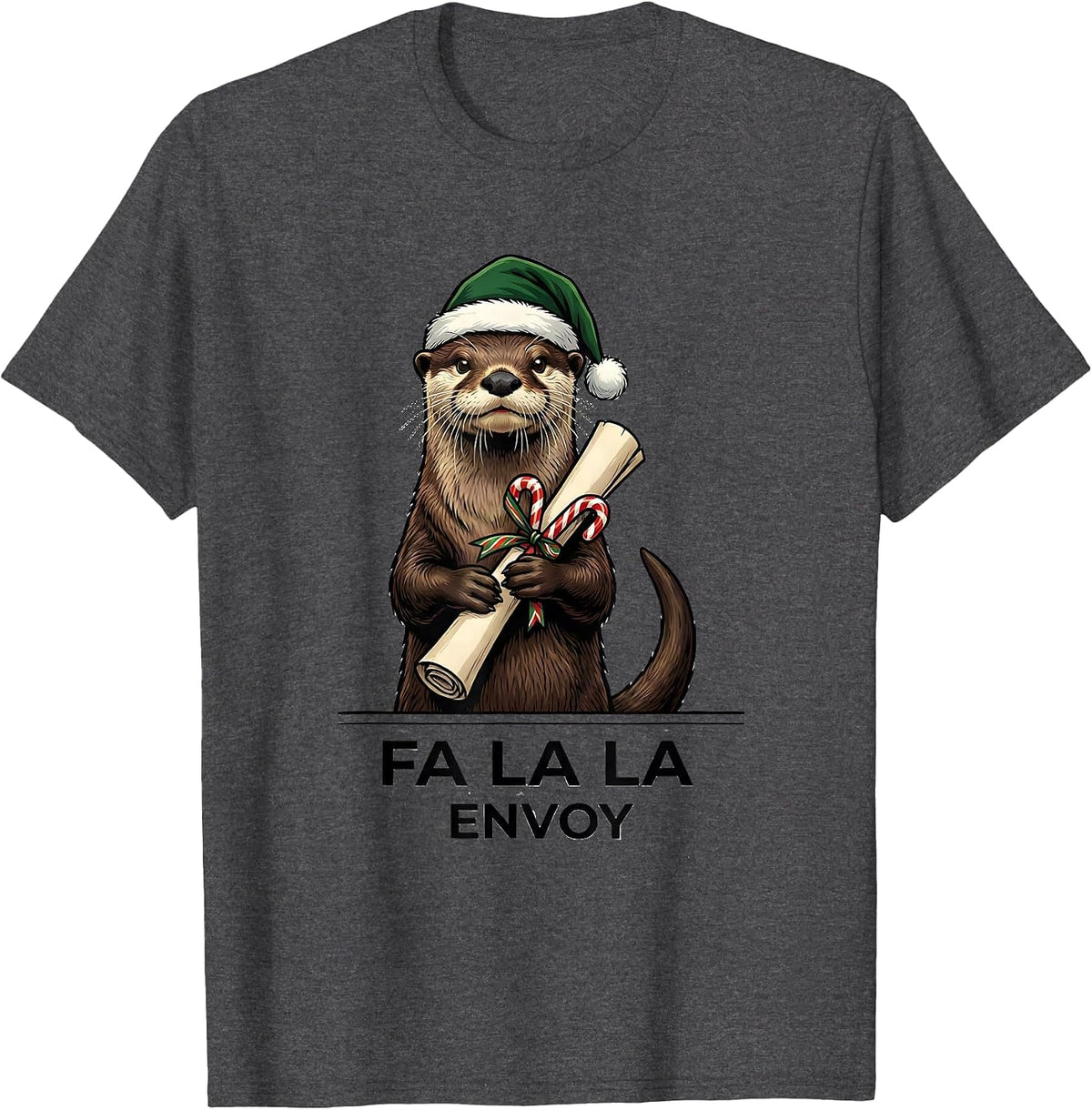 Men's Fa La La Envoy Funny Christmas Otter Mascot Holiday Pun T-Shirt - Dark Heather Grey