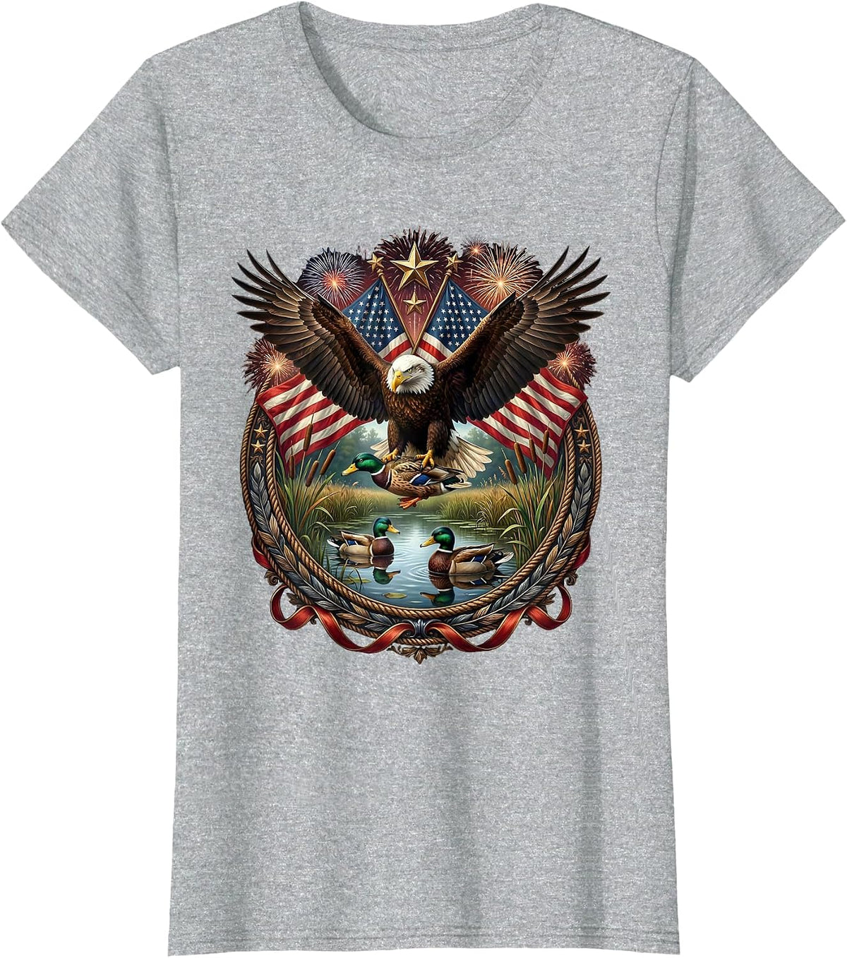 Women's Duck Decoys on Glassy Marsh Water Hunting Camo T-Shirt - Heather Grey