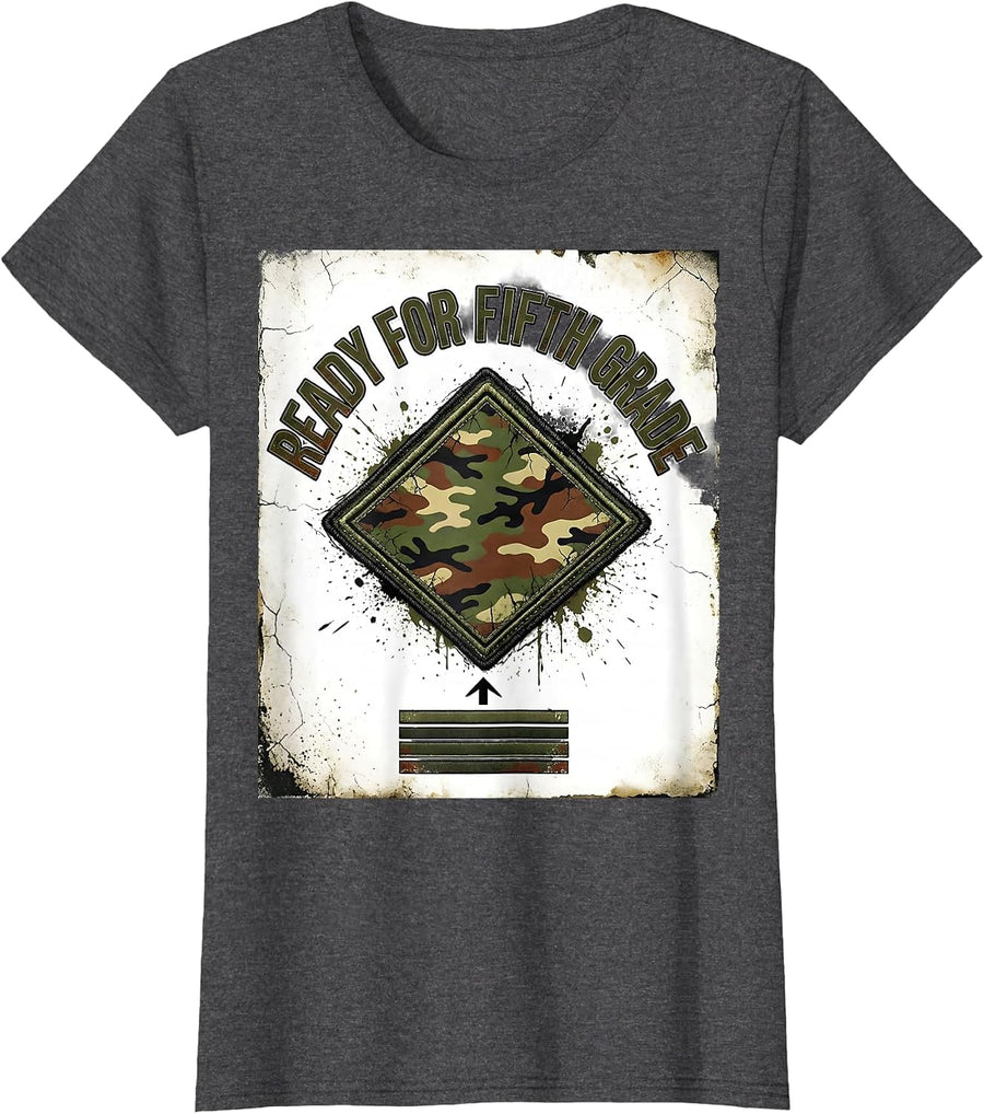 Women's Ready For Fifth Grade Distressed Camo Back To School Boys T-Shirt - Dark Heather Grey