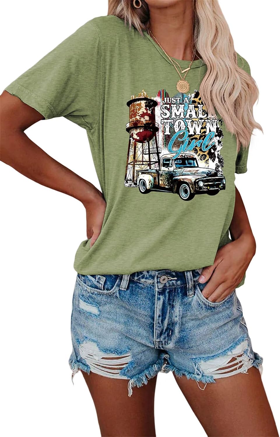 Country Music Shirts Women Just A Small Town Girl T-Shirts Vintage Letter Truck Graphic Tees Casual Short Sleeve Top - Olive