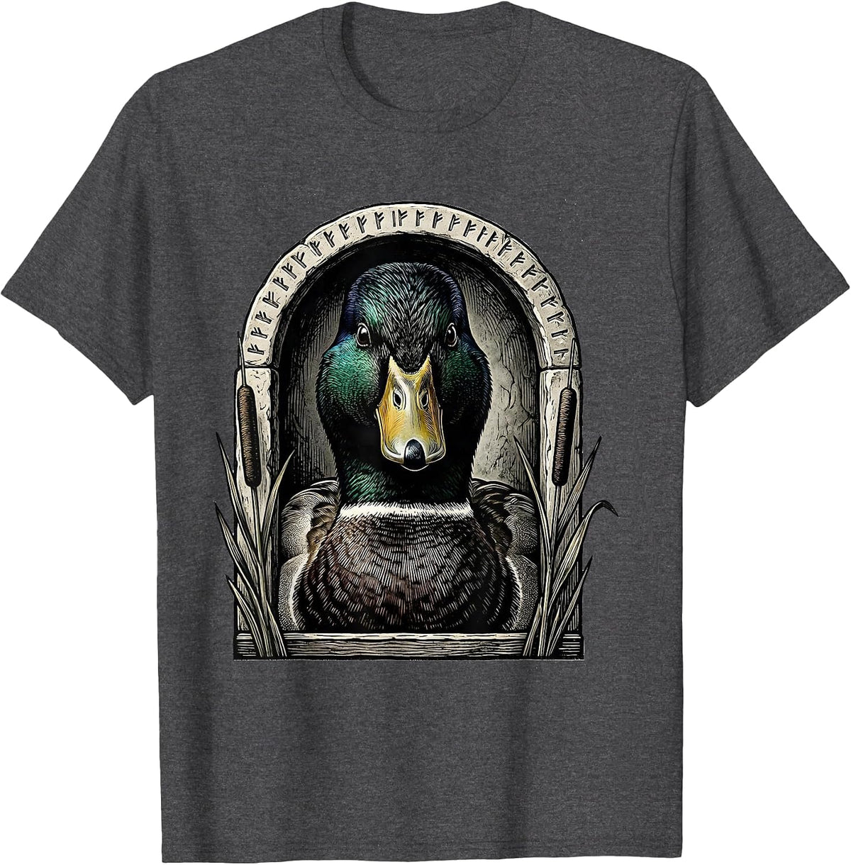 Mallard Drake Bust Duck Hunting Camo Wildlife Engraving T-Shirt - Dark Heather Grey