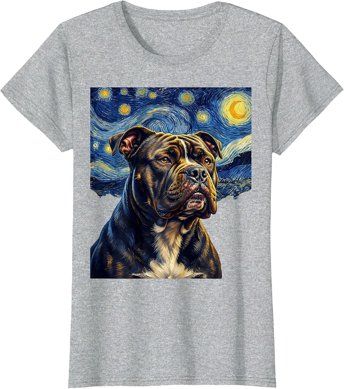 Pitbull Van Gogh Style Starry Night Dog Breed Portrait T-Shirt - Heather Grey