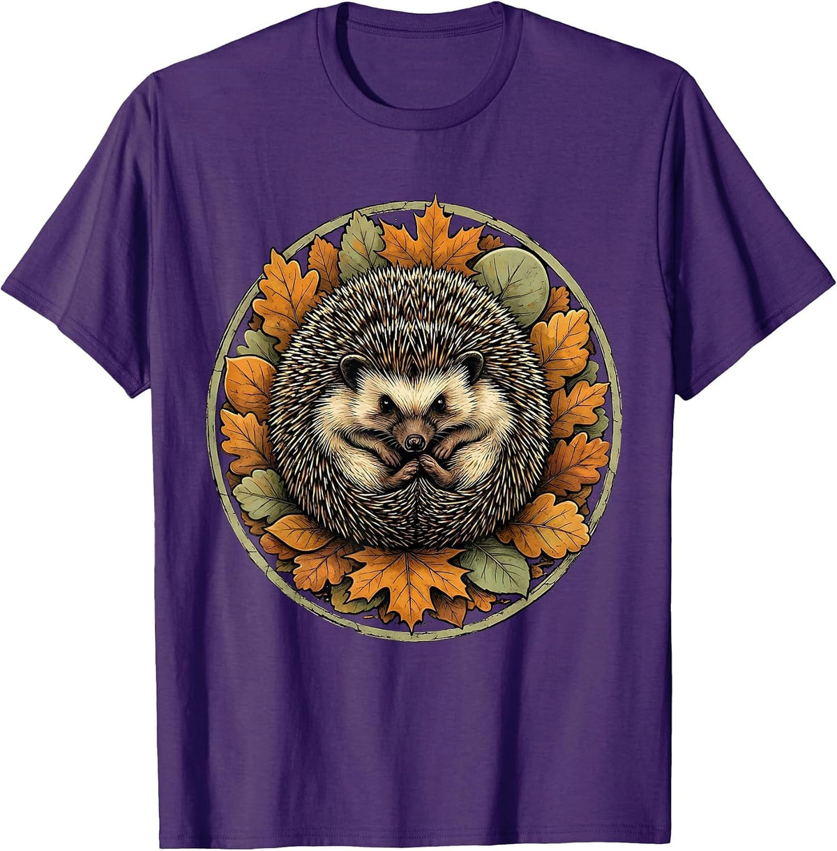Hedgehog in Autumn Leaves Fall Illustration T-Shirt - Purple