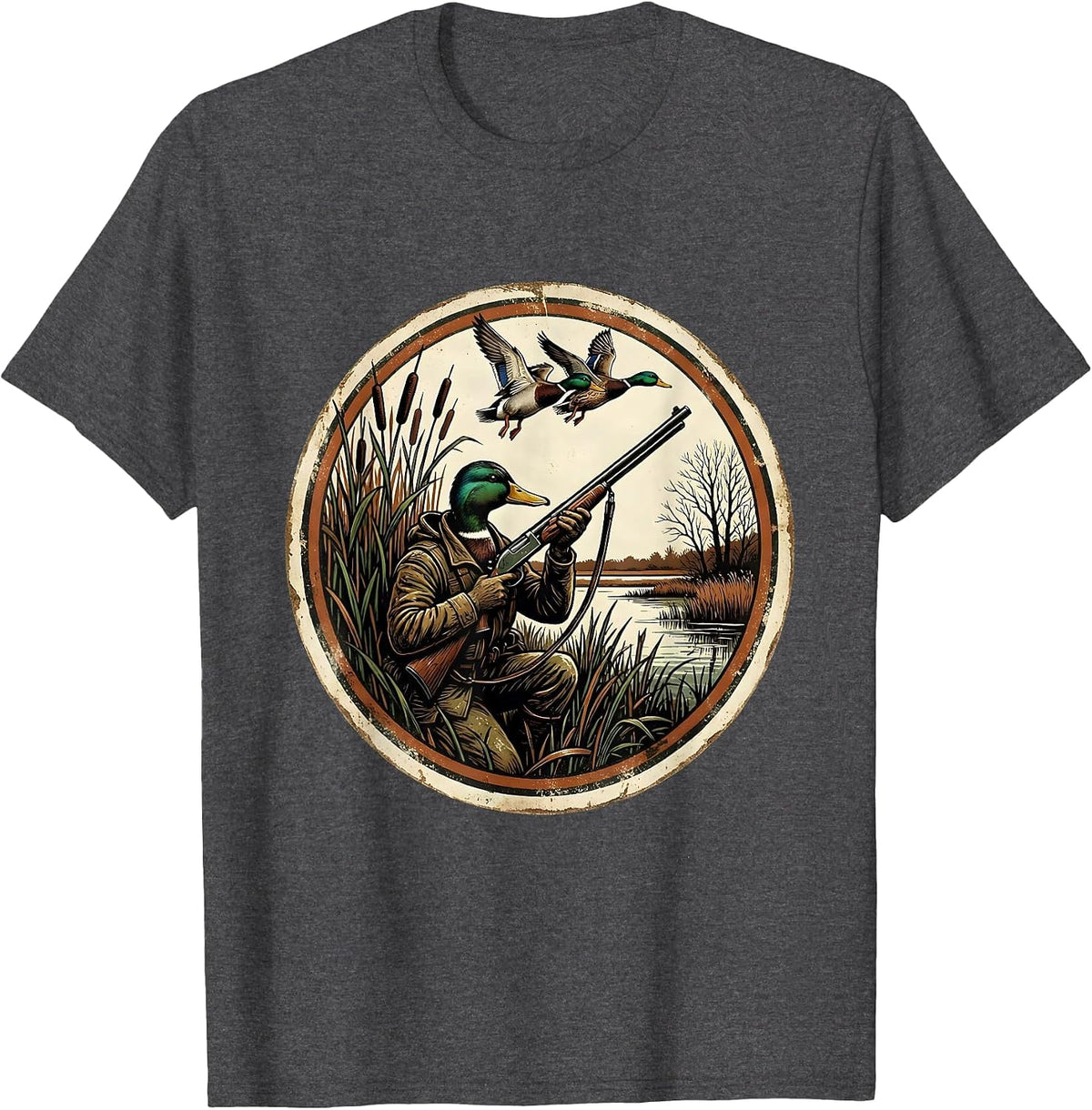 Men's Duck Hunter in Blind Shotgun Raised Hunting Art T-Shirt - Dark Heather Grey