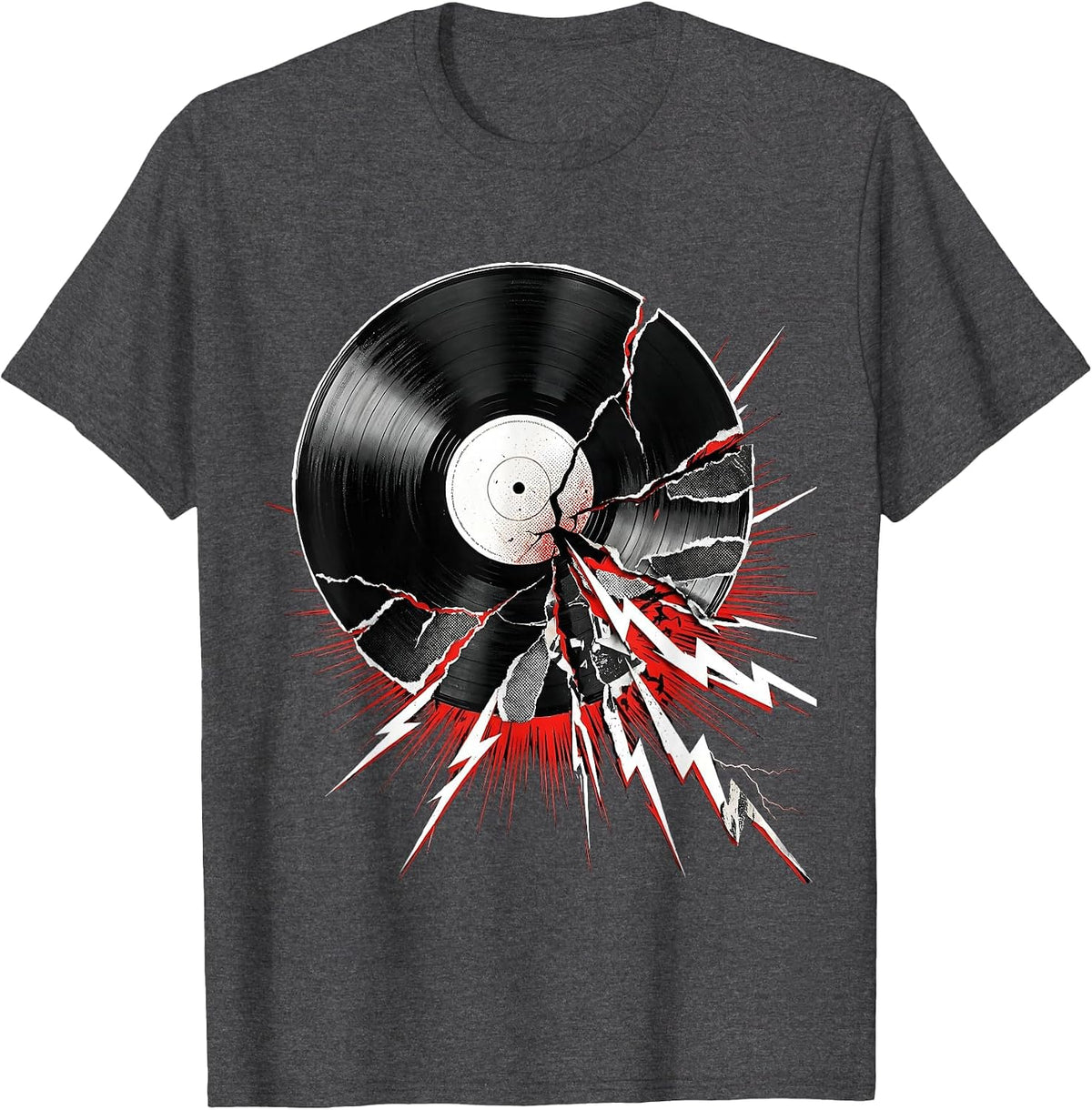Vinyl Record Melting Into Lightning Bolts Art T-Shirt - Dark Heather Grey