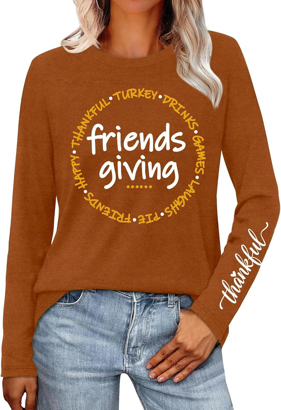 Friendsgiving Shirts for Women Casual Thankful Long Sleeve Shirt - Brown