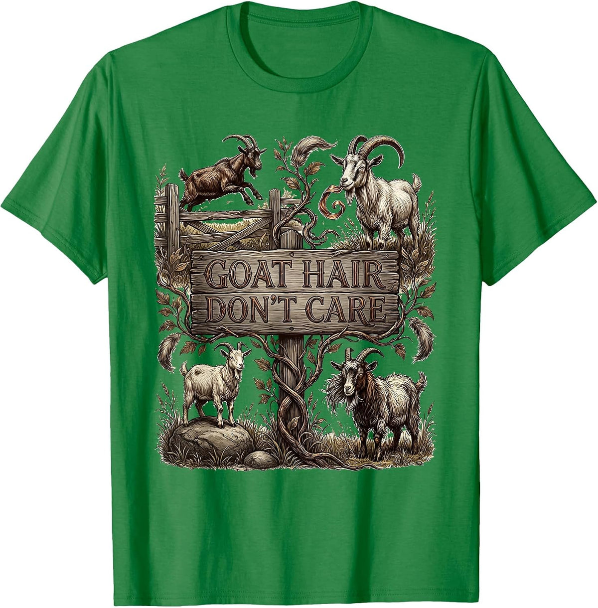 Men's Goat Hair Don't Care Funny Goat Lover Design T-Shirt - Kelly Green