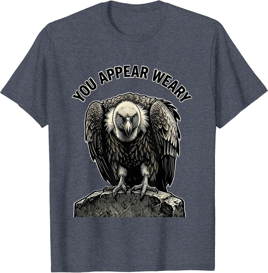 You Appear Weary Linocut Vulture Halloween Deadpan Humor T-Shirt - Heather Blue