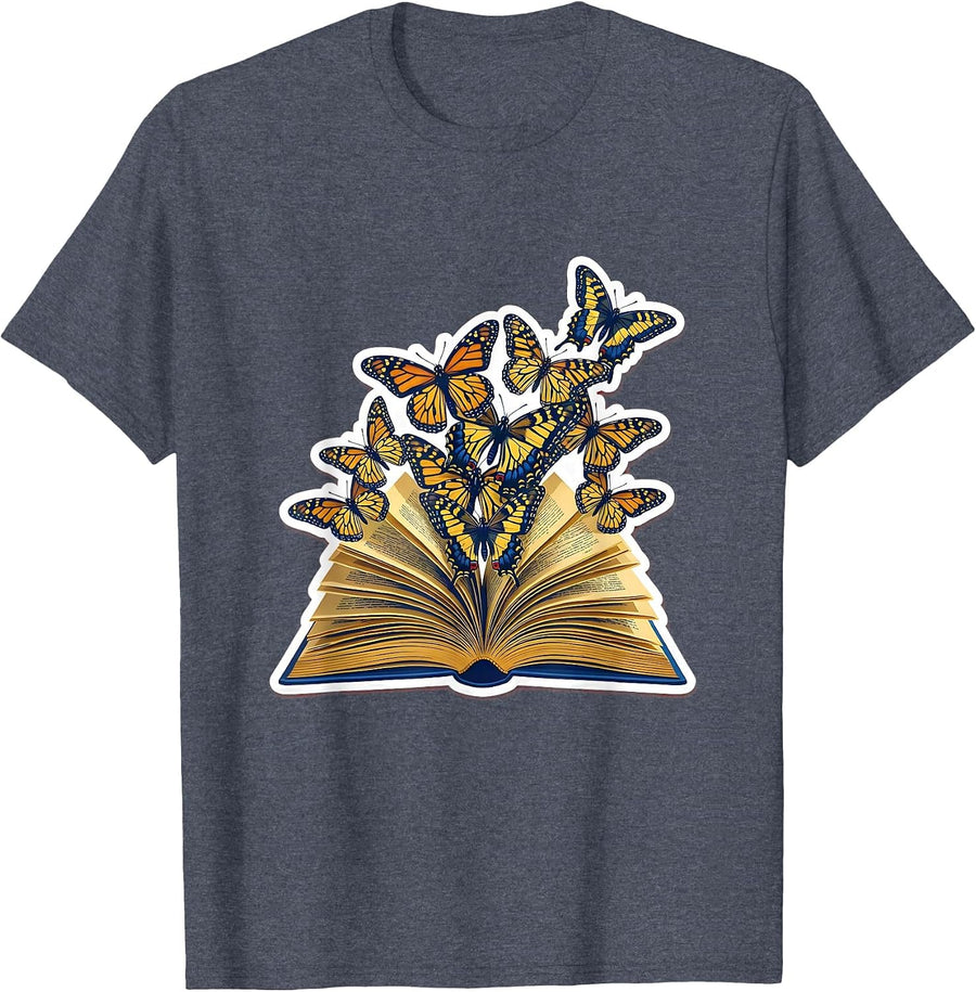 Sped Teacher Open Book Butterflies Flying Out T-Shirt - Heather Blue