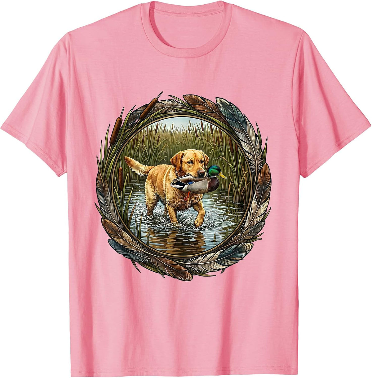 Men's Duck Camo Hunting Dog Retrieving Marsh Scene T-Shirt - Pink