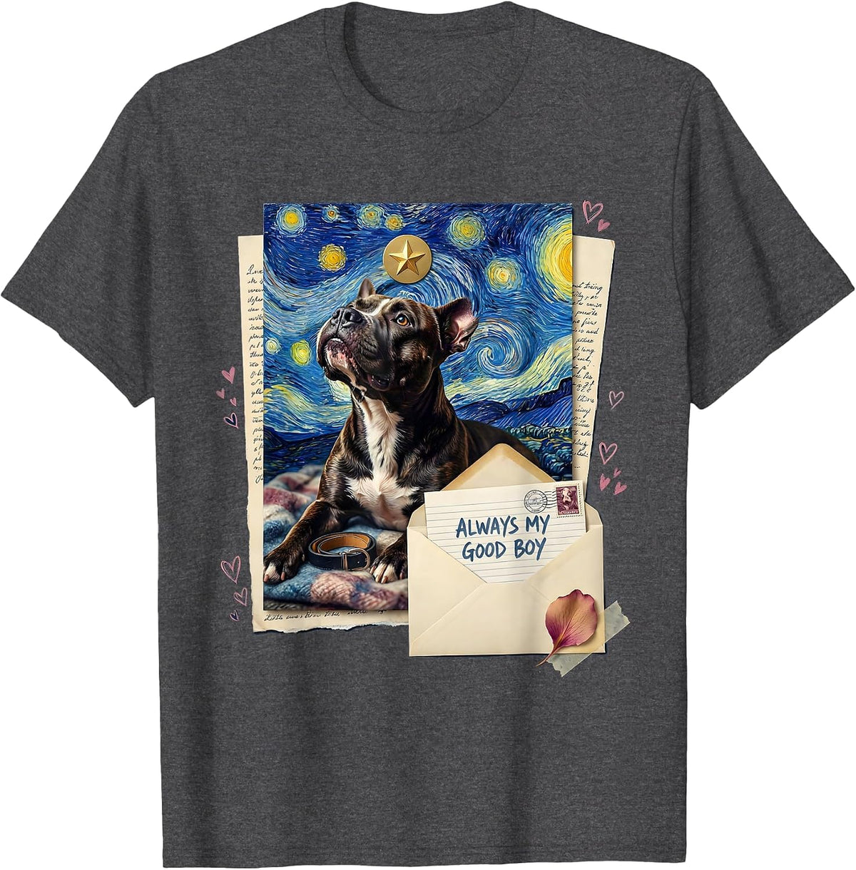 Always My Good Boy Pitbull Van Gogh Starry Night Art Tribute T-Shirt - Dark Heather Grey
