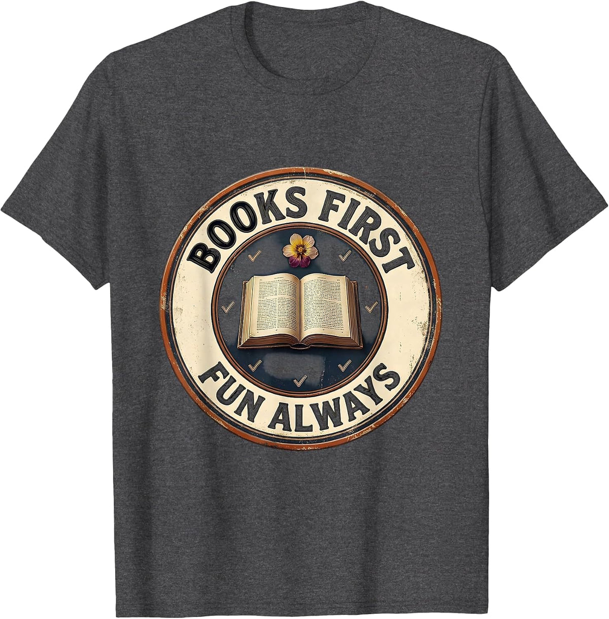 Men's Books First Fun Always Vintage Librarian Book Lover Humor T-Shirt - Dark Heather Grey