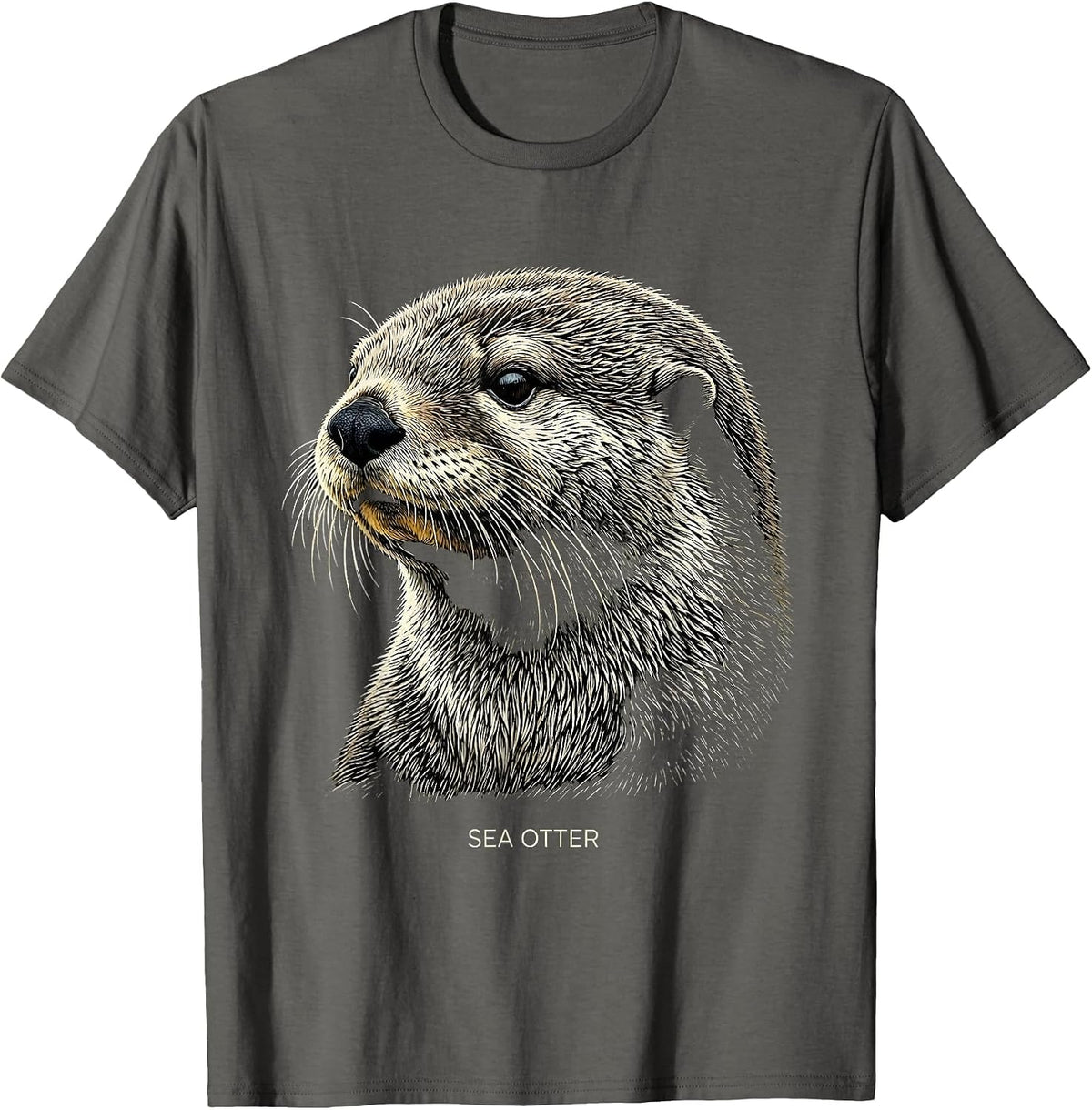 Sea Otter Woodcut Engraving Wildlife Portrait Nature Art T-Shirt - Asphalt Grey