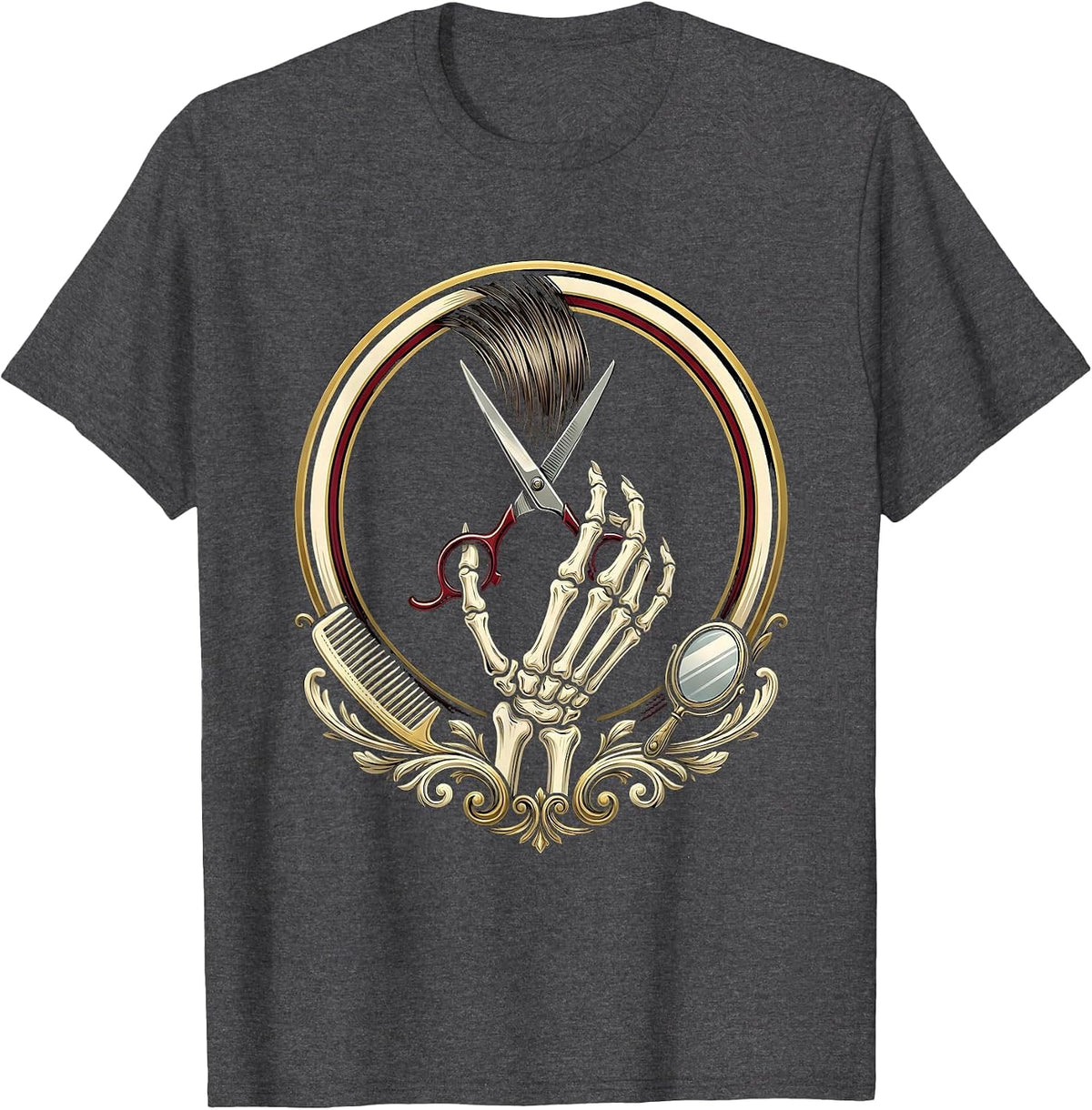 Men's Salon Skeleton Barber Emblem Halloween Hairstylist T-Shirt - Dark Heather Grey