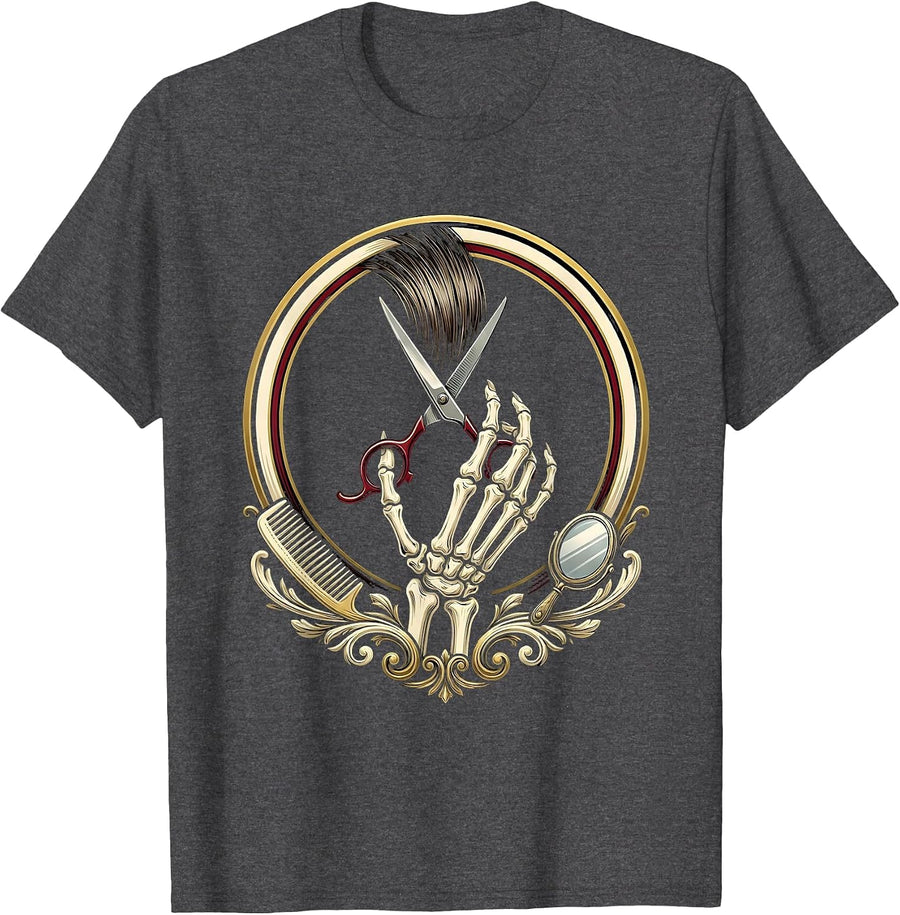 Men's Salon Skeleton Barber Emblem Halloween Hairstylist T-Shirt - Dark Heather Grey