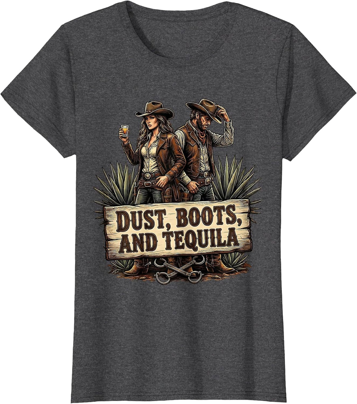 Women's Dust Boots and Tequila Cowboy Western Design T-Shirt - Dark Heather Grey