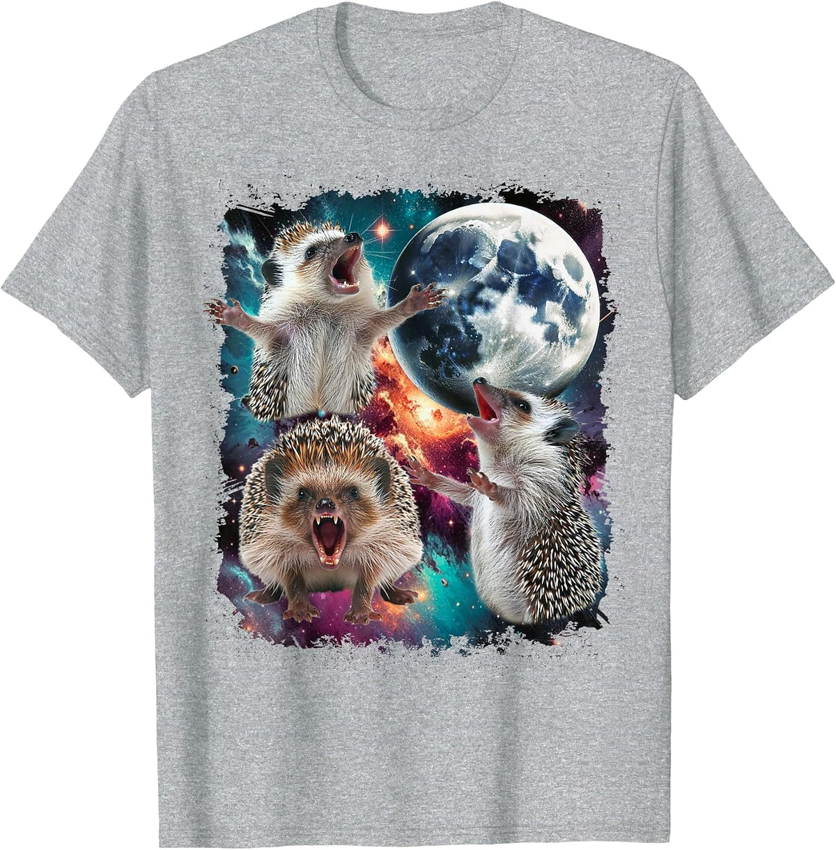 Three Hedgehog Moon | 3 Hedgehog Moon Funny Cursed Meme T-Shirt - Heather Grey