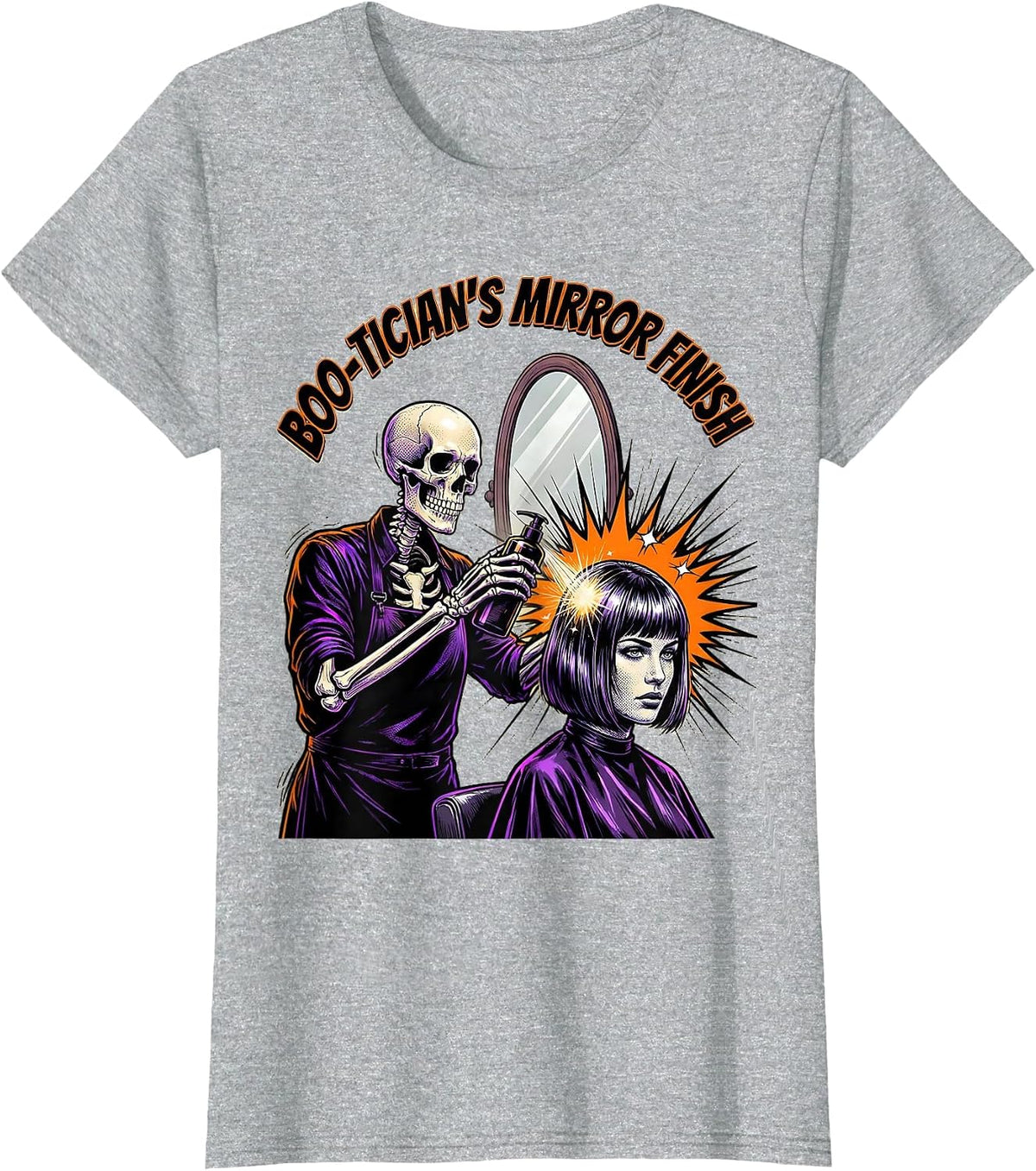 Boo-tician's Mirror Finish Comic Book Skeleton Hairdresser T-Shirt - Heather Grey