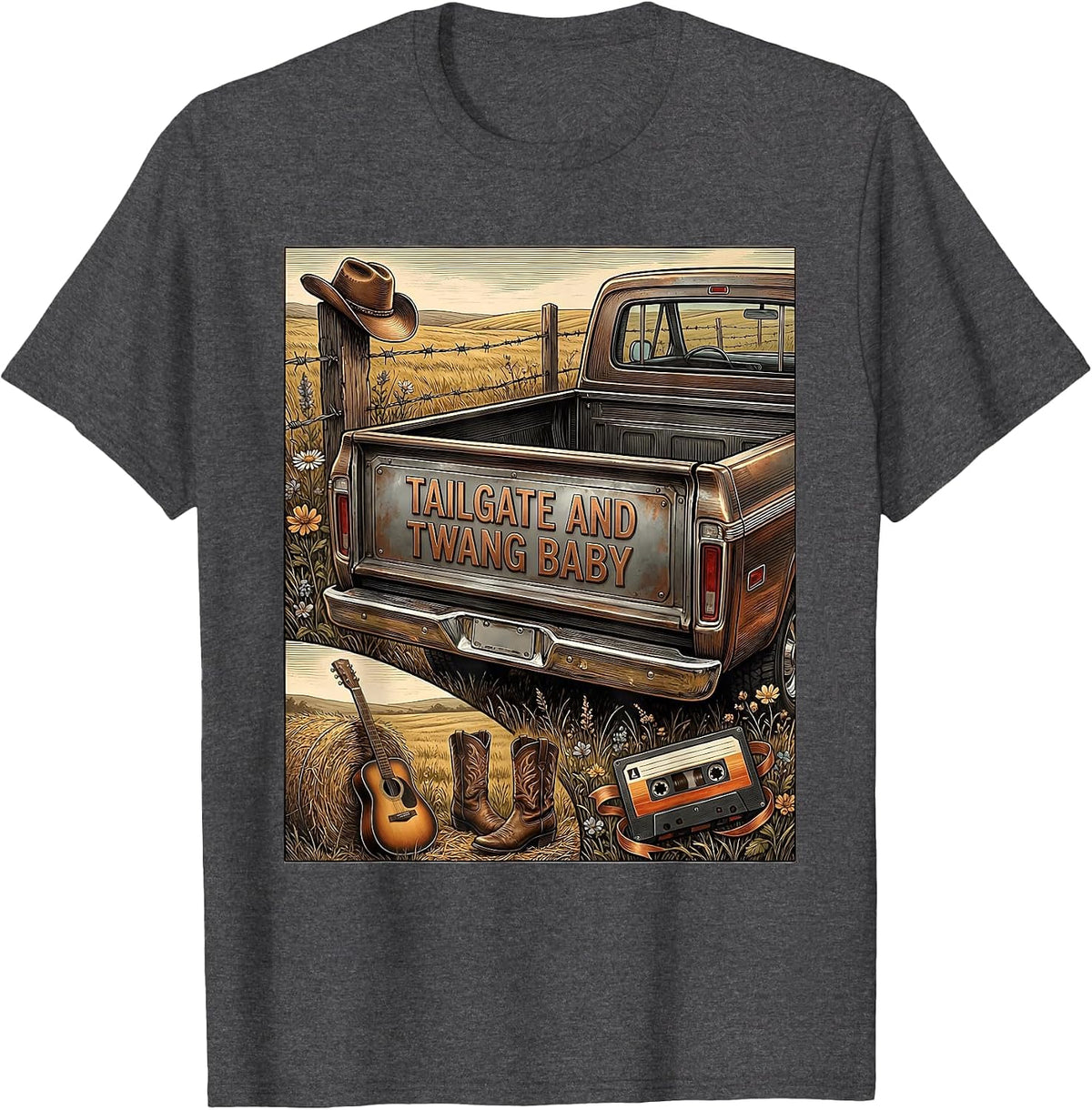 Tailgate And Twang Baby 90s Country Design T-Shirt - Dark Heather Grey