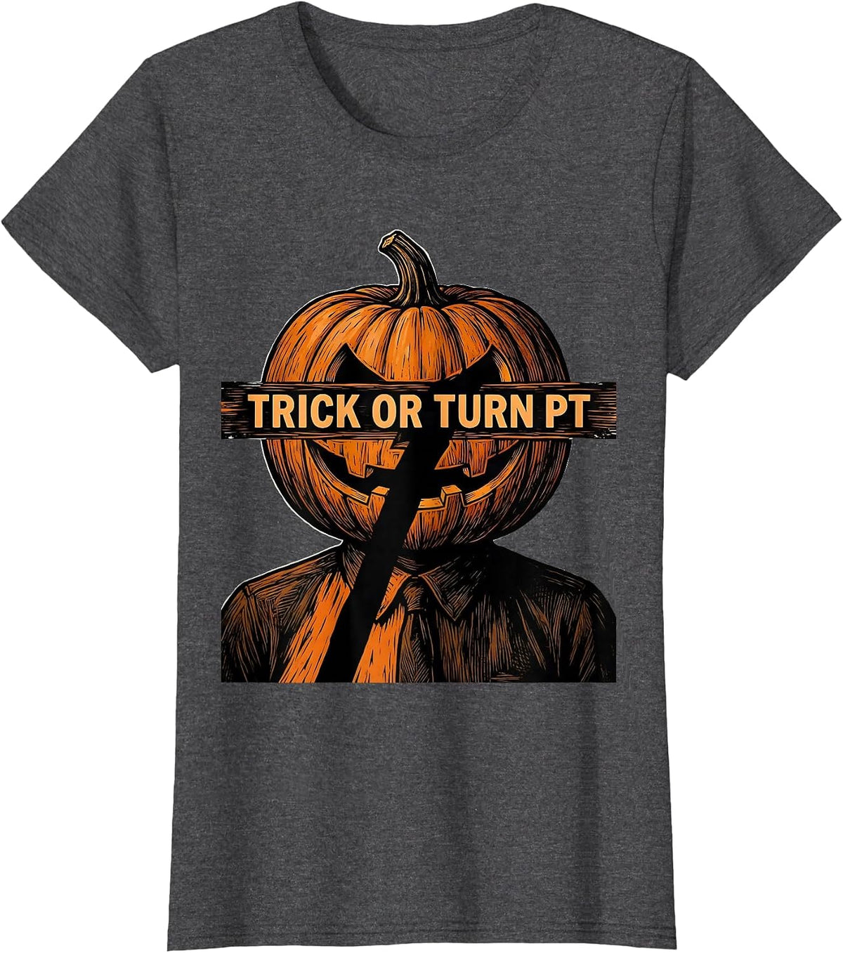 Women's Trick Or Turn PT Linocut Physical Therapy Halloween Humor T-Shirt - Dark Heather Grey