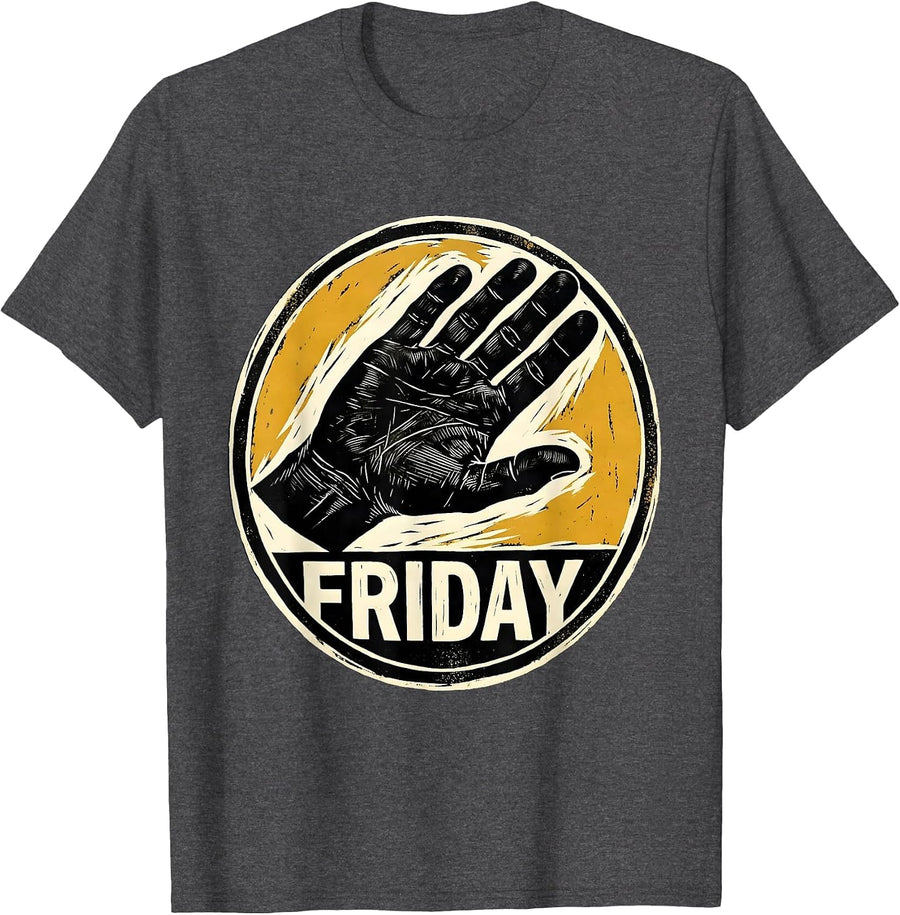 Men's Friday Linocut ASL Sign Language Teacher Humor Gift T-Shirt - Dark Heather Grey