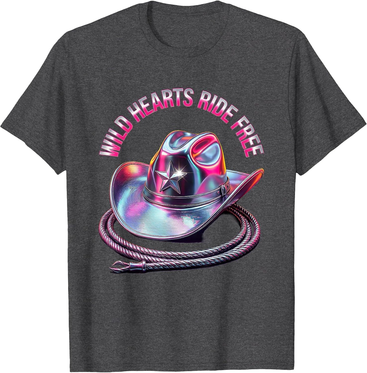 Wild Hearts Ride Free Cowgirl Design T-Shirt - Dark Heather Grey