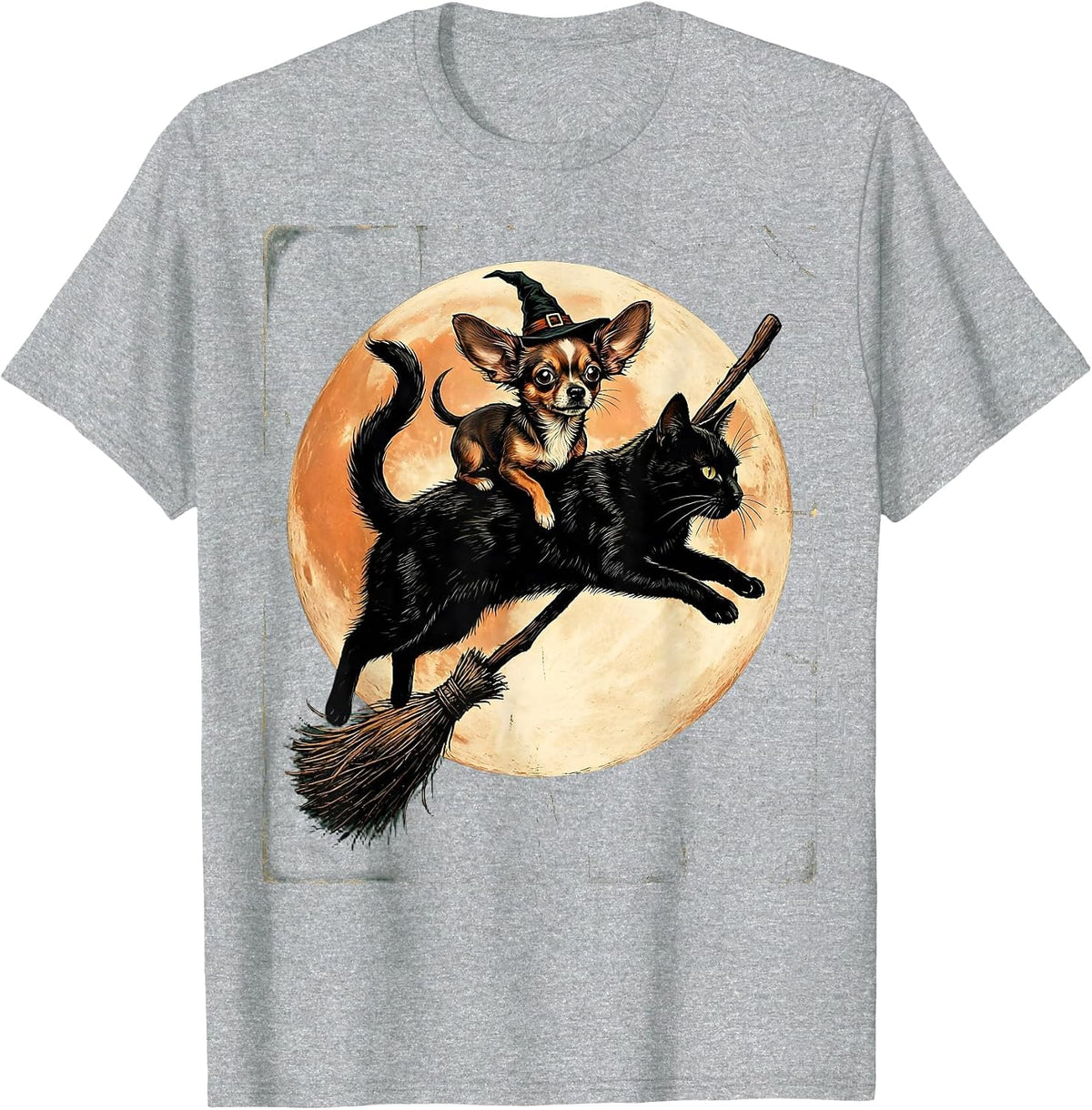 Men's Halloween Chihuahua Riding Giant Black Cat Broom T-Shirt - Heather Grey