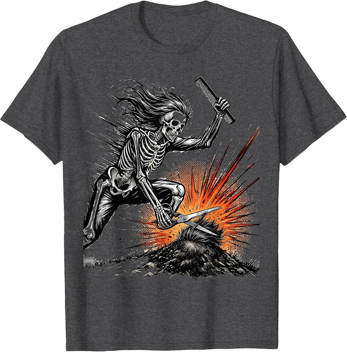 Skeleton Hairstylist Dynamic Haircut Halloween Humor T-Shirt - Dark Heather Grey