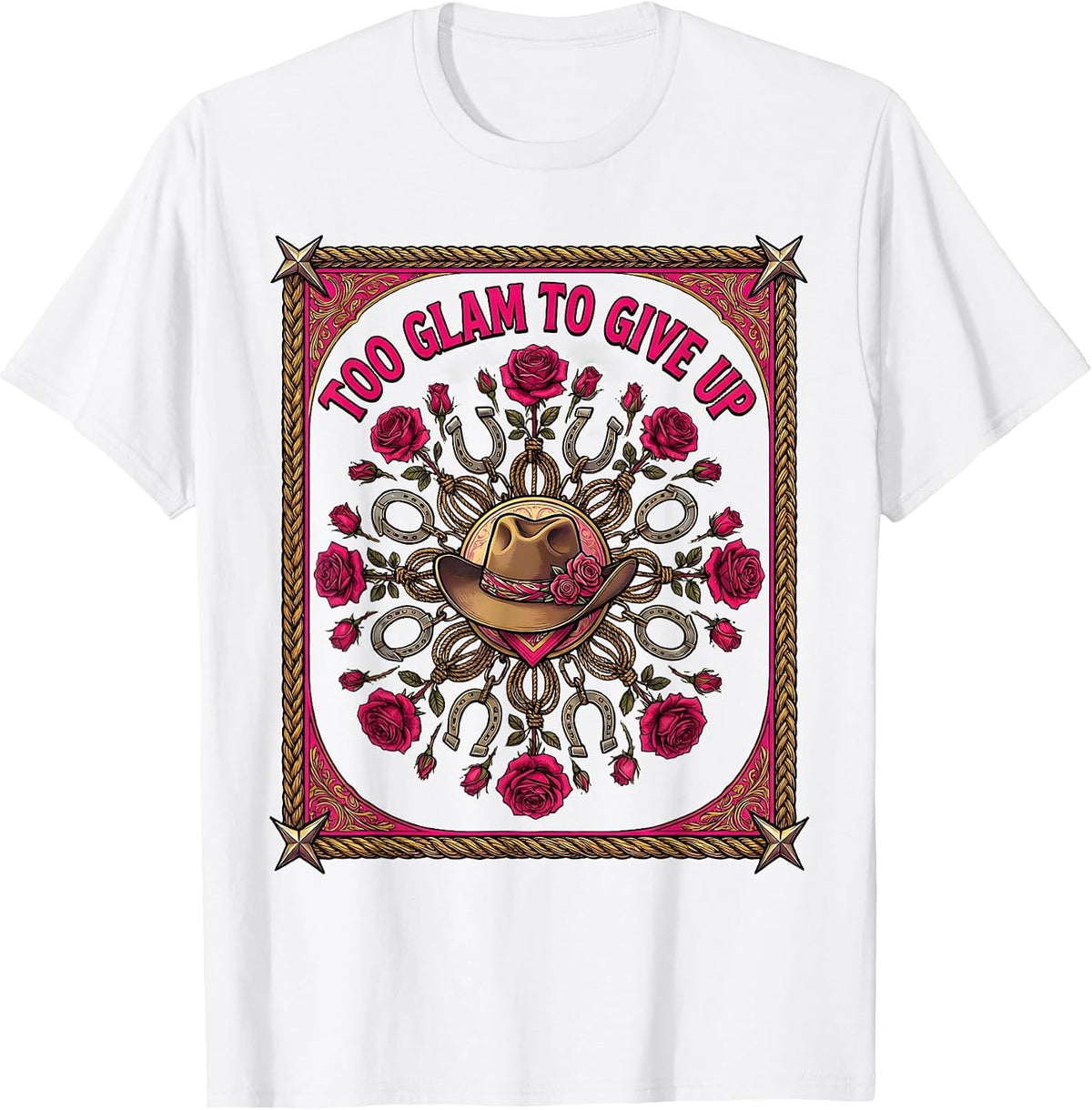 Men's Too Glam To Give Up Pink Cowgirl Design T-Shirt - White