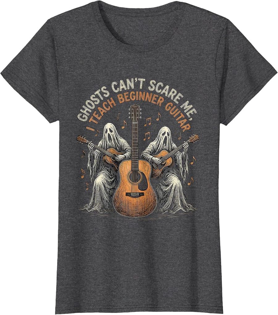 Women's Ghosts Can't Scare Me, I Teach Beginner Guitar Music Teacher T-Shirt - Dark Heather Grey