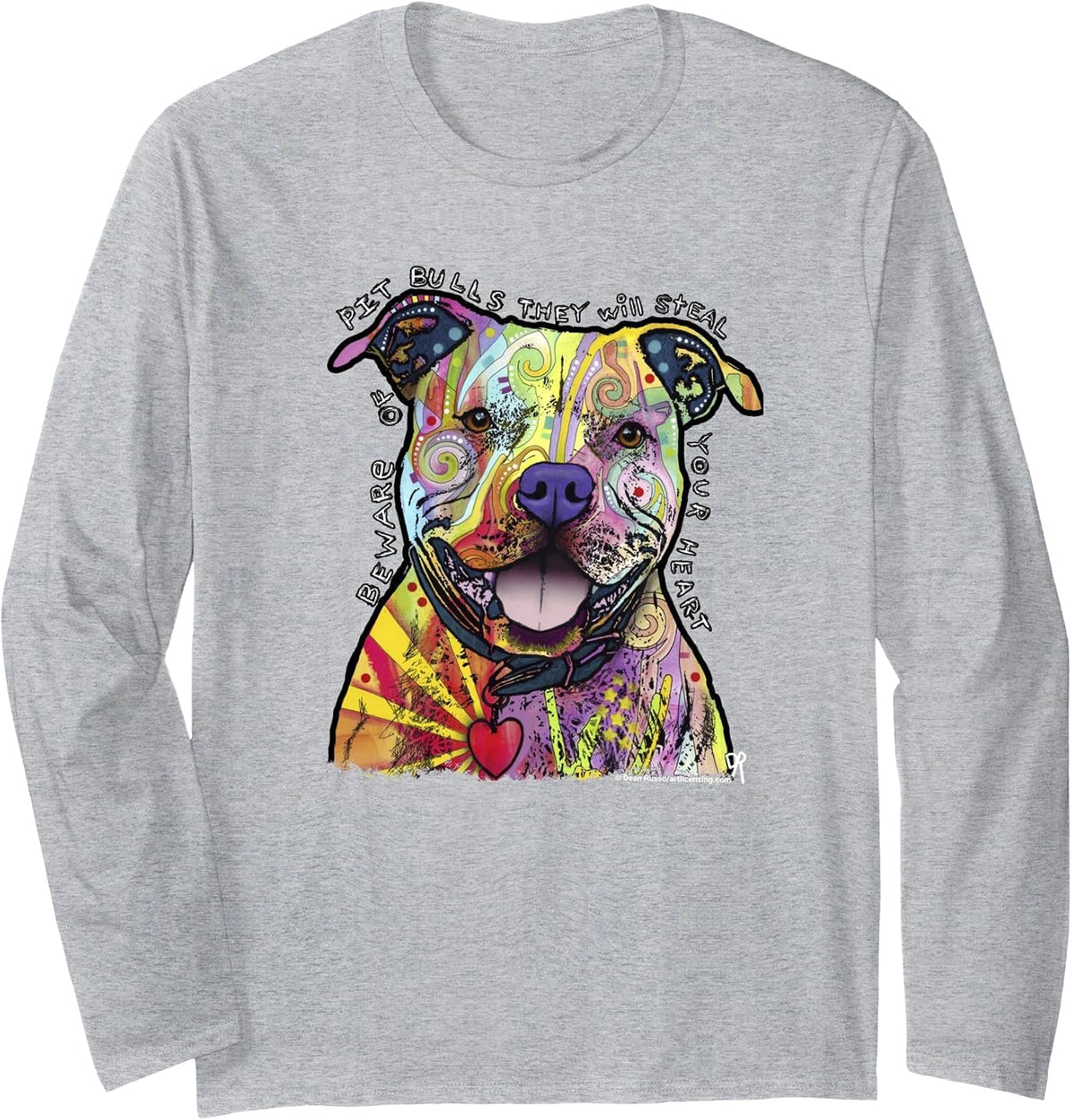 Beware of Pit Bulls, Dean Russo Pitbull Original - Dog Lover Long Sleeve T-Shirt - Adult Unisex Heather Grey