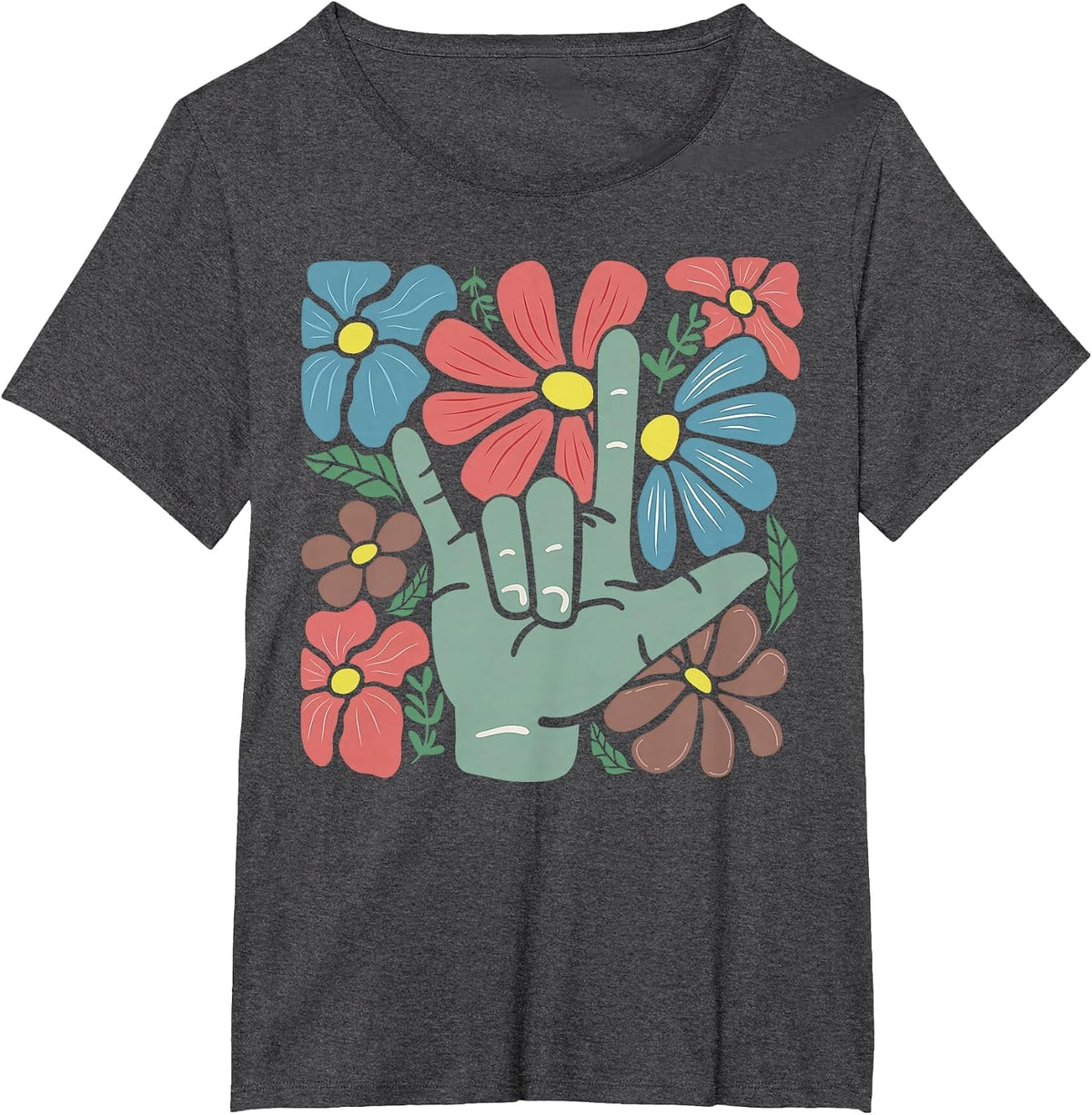 ASL I Love You Boho Floral Sign Language SLP Therapist T-Shirt - Dark Heather Grey