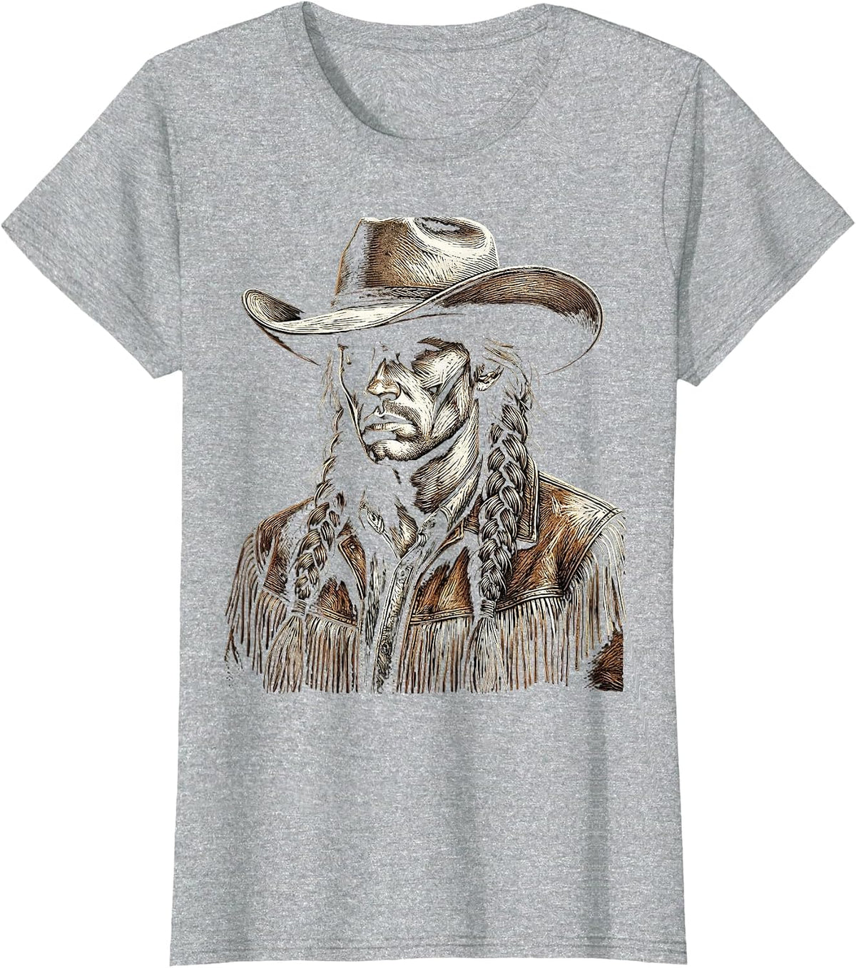 Women's White Cowgirl Braided Hair Fringe Jacket Illustration T-Shirt - Heather Grey