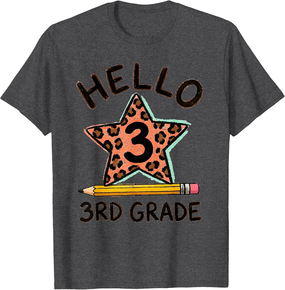 Hello 3rd Grade Kids Girl Teacher Back To School Leopard T-Shirt - Dark Heather Grey