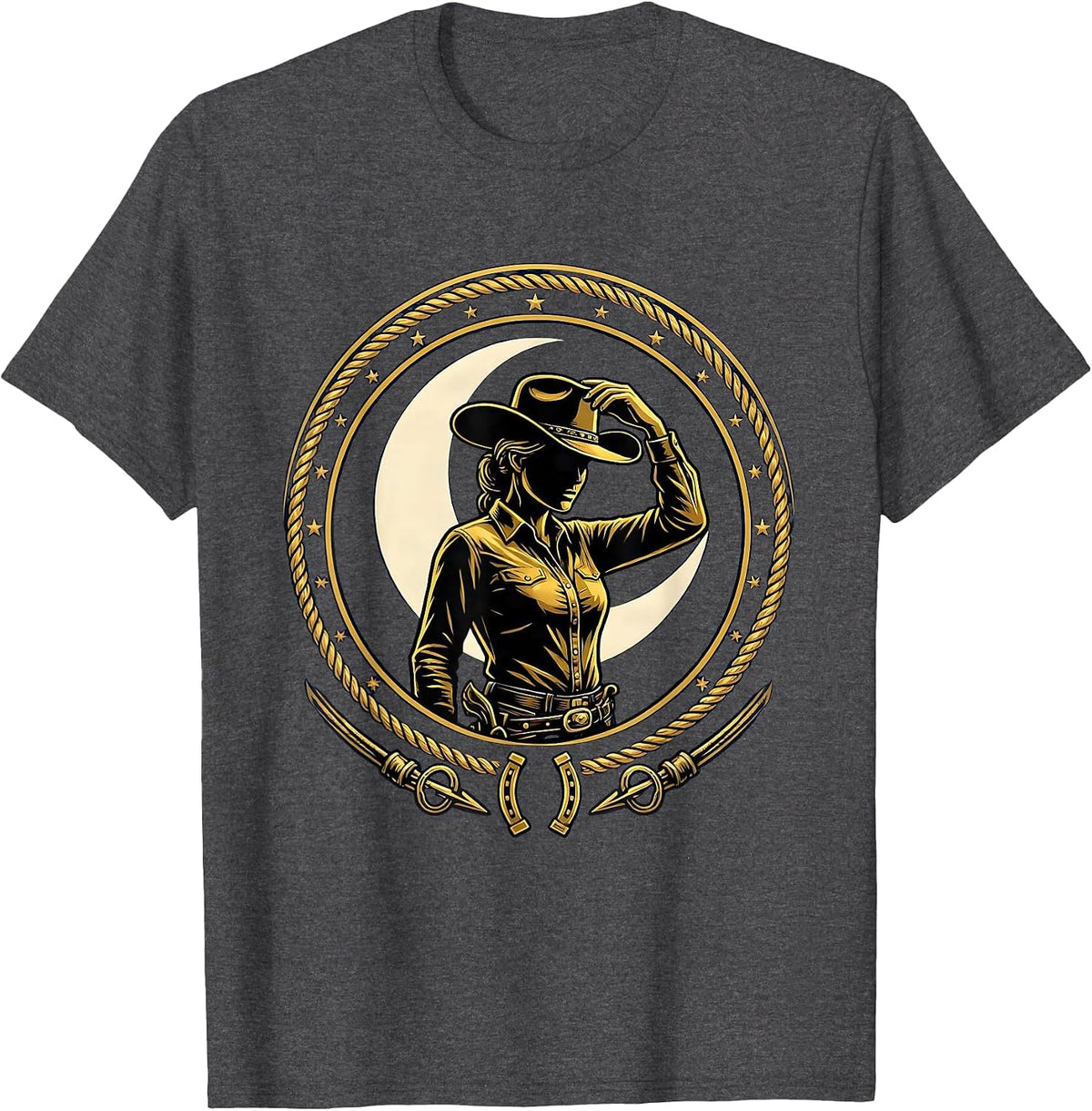 Cowgirl Tipping Hat Under Moonlit Sky Design T-Shirt - Dark Heather Grey