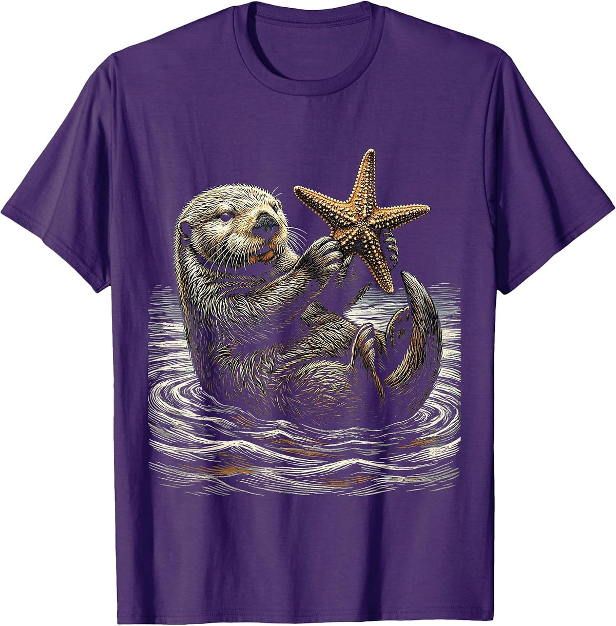 Men's Sea Otter Holding Starfish Above Water T-Shirt - Purple