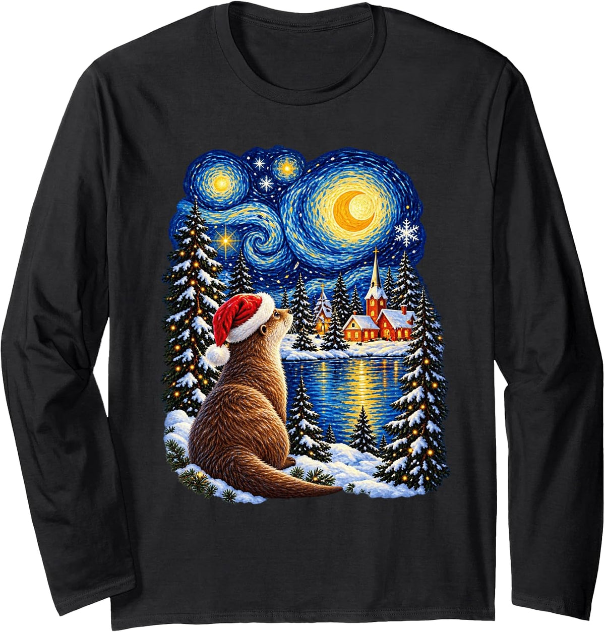 Christmas Otter Dreamy Santa Hat Winter Stars Men Women Long Sleeve T-Shirt - As Pictured
