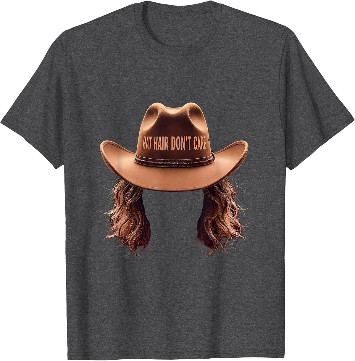 Men's Hat Hair Don't Care Cowgirl Design T-Shirt - Dark Heather Grey
