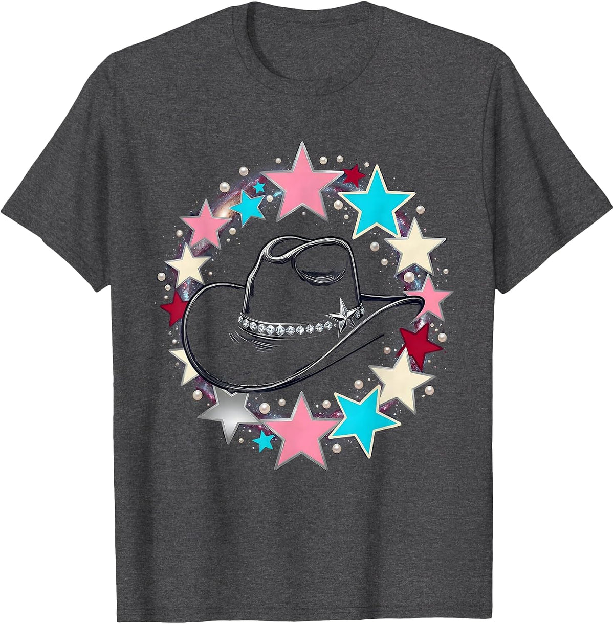 Cowgirl Hat Starry Galaxy Sky Illustration T-Shirt - Dark Heather Grey