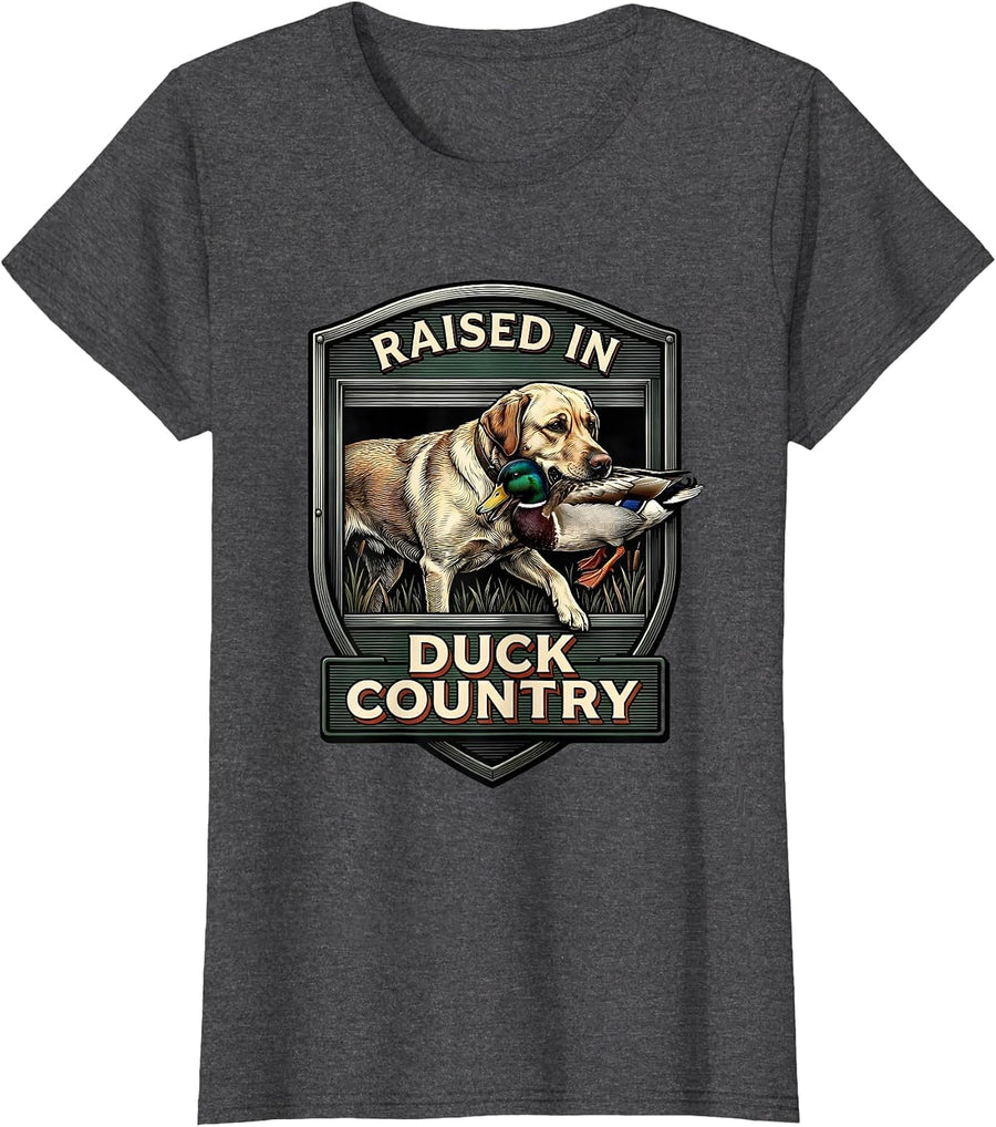 Women's Raised In Duck Country Vintage Hunting Dog Waterfowl Pride T-Shirt - Dark Heather Grey