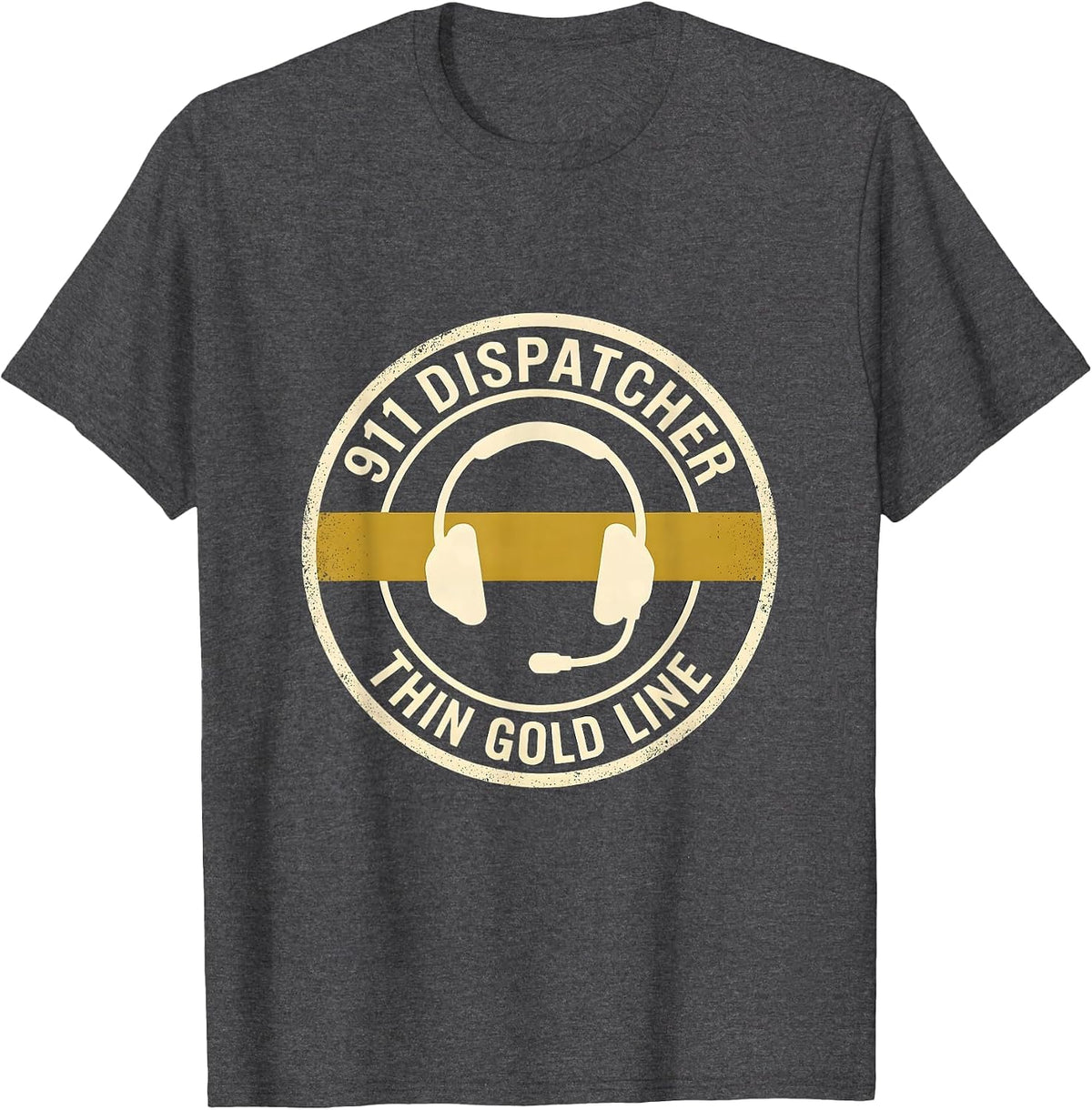 911 Dispatcher Thin Gold Line Tribute Emergency Services T-Shirt - Dark Heather Grey